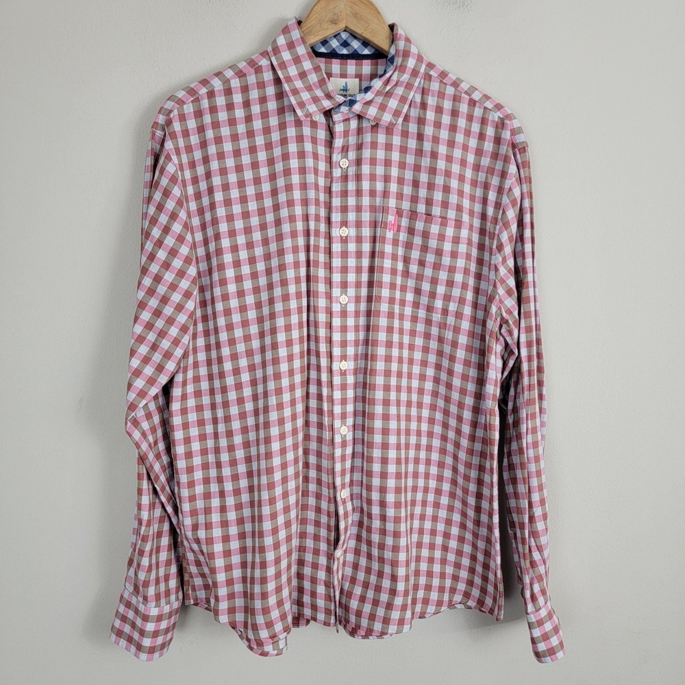 Johnnie O Shirt Hangin' Out Button Down Checkered Plaid Size L Pink Multicolor‎